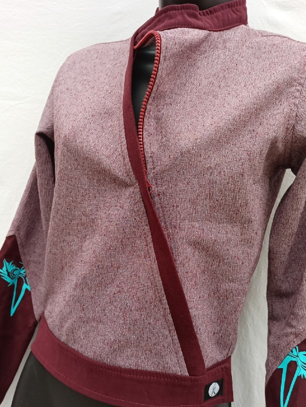 Women's Burgundy Layered-Trim Hidden Zipper Upcycled Top w Teal Arm Accents